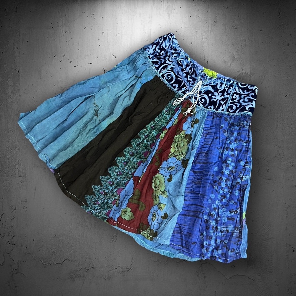 Vintage Bonartt Boho Fairy Blue Multi Floral Velvet Lace Trim Flowy Skirt M/L - Picture 6 of 8